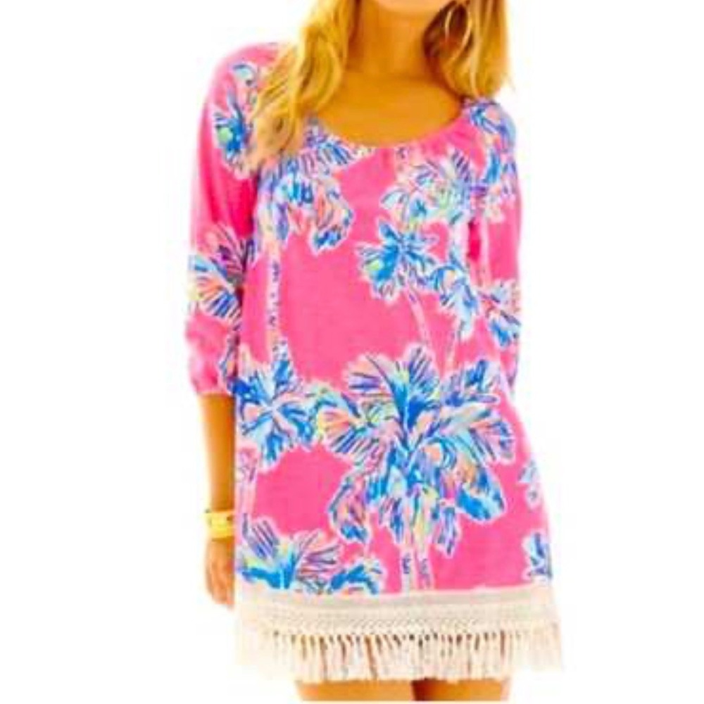Lilly Pulitzer Alia cover-up dress in pink blue palm tree print crochet fringe M
